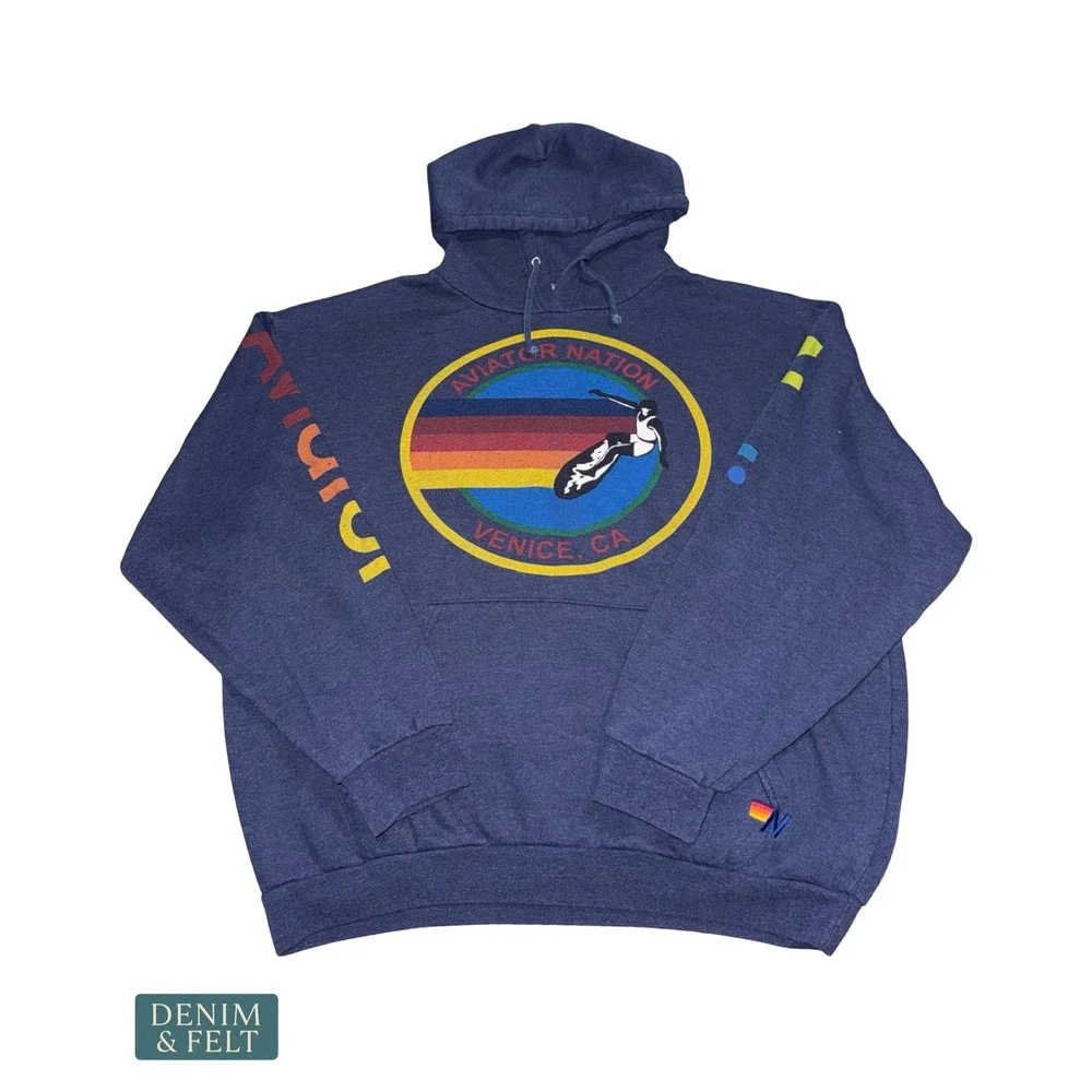 Aviator Nation Venice CA Surfer Pullover Hoodie Rainbow Graphic Navy Blue Medium - Picture 2 of 8